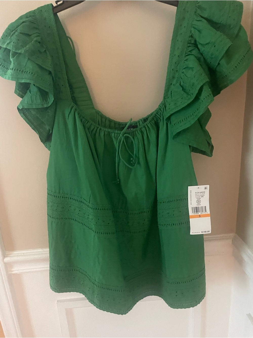 NWT Karen Kane Bright green peasant blouse ruffled sleeves small